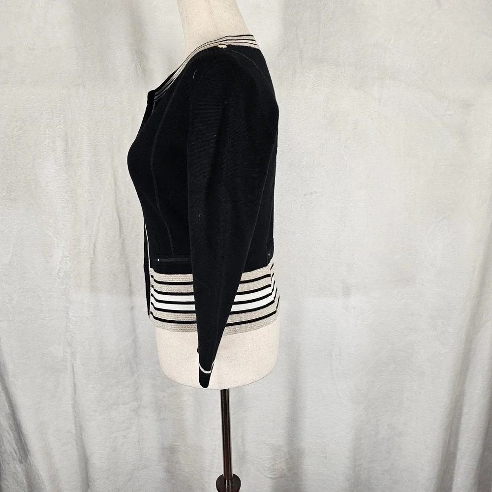 White House Black Market Sweater Womens XS‎ Black Striped Knit Cardigan Metallic